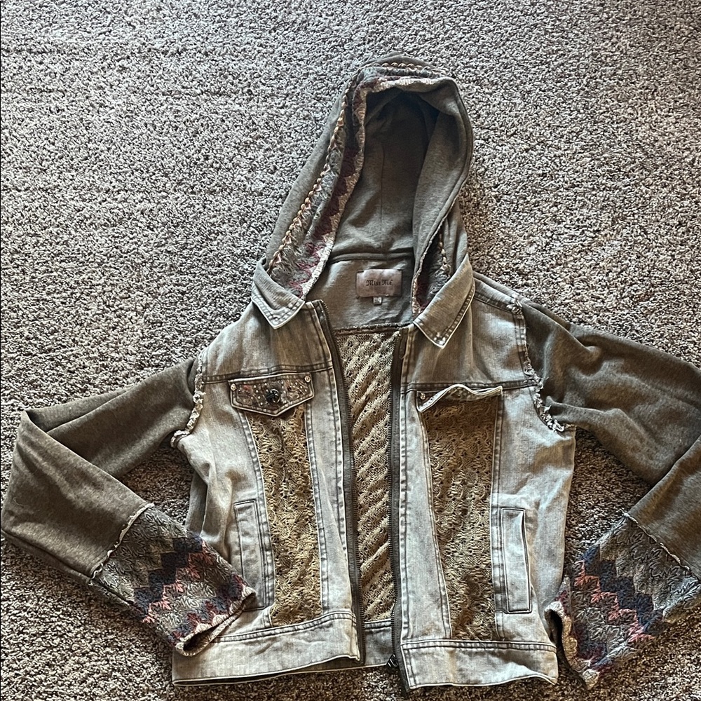 Miss Me Hooded Denim Jacket with Patterned Sleeves